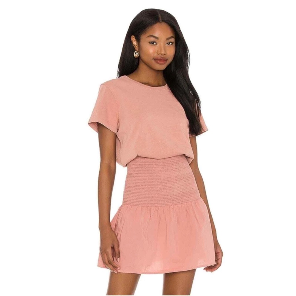 Nation Ltd Kacy Combo Dress Pink Glaze Smocked Waist Cotton Mini Dress M Boho